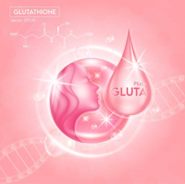 Pembe glutathione solüsyon serumu düşüşü ve gluta artı kozmetik reklamı kullanıma hazır, hyaluronik asit cilt bakımı reklamı. 3B vektör EPS10.