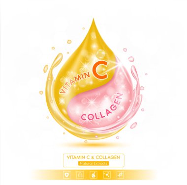 C vitamini ve Kolajen solüsyon serumu. Doğal özütler. Beyaz arka planda izole edilmiş. Etkin bileşen, cilt nemlendiricisini yakından büyütür. Reklam tasarımı güzellik tedavisi beslenme derisi. Gerçekçi 3B vektör.