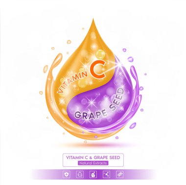 C vitamini ve üzüm tohumu çözeltisi serumunu bırak. Doğal özütler. Beyaz arka planda izole edilmiş. Etkin bileşen, cilt nemlendiricisini yakından büyütür. Reklam tasarımı güzellik tedavisi beslenme derisi. Gerçekçi 3B vektör.