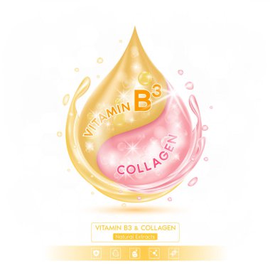 Turuncu B3 vitamini ve Kolajen solüsyon serumunu bırak. Doğal özütler. Beyaz arka planda izole edilmiş. Etkin bileşen, cilt nemlendiricisini yakından büyütür. Reklam tasarımı güzellik tedavisi beslenme derisi. Gerçekçi 3B vektör.