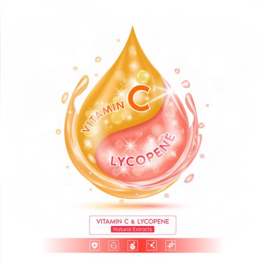 Turuncu C vitamini ve Lycopene solüsyon serumunu bırak. Doğal özütler. Beyaz arka planda izole edilmiş. Etkin bileşen, cilt nemlendiricisini yakından büyütür. Reklam tasarımı güzellik tedavisi beslenme derisi. Gerçekçi 3B vektör.