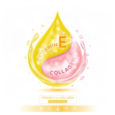 E vitamini ve Kolajen solüsyon serumu. Doğal özütler. Beyaz arka planda izole edilmiş. Etkin bileşen, cilt nemlendiricisini yakından büyütür. Reklam tasarımı güzellik tedavisi beslenme derisi. Gerçekçi 3B vektör.