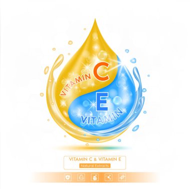 Turuncu C vitamini ve E vitamini verin. Doğal özütler. Beyaz arka planda izole edilmiş. Etkin bileşen, cilt nemlendiricisini yakından büyütür. Reklam tasarımı güzellik tedavisi beslenme derisi. Gerçekçi 3B vektör.