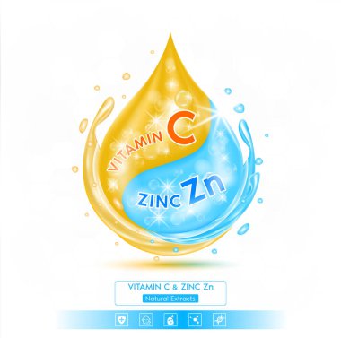 Turuncu C vitamini ve çinko Zn minerallerini bırak. Doğal özütler. Beyaz arka planda izole edilmiş. Etkin bileşen, cilt nemlendiricisini yakından büyütür. Reklam tasarımı güzellik tedavisi beslenme derisi. Gerçekçi 3B vektör.