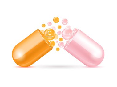 Portakal vitamini C ve pembe kolajen kapsülden dışarı süzülür. Yüz ya da vücut için doğal kozmetik losyonu. Güzellik derisi reklamı için kullanılır. Tıp kavramları. 3D Gerçekçi Vektör EPS10.