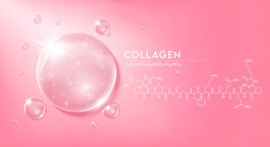Su kolajeni pembesini ve yapısını bırakın. Vitamin çözeltisi kompleksi ve doğanın kimyasal formülü. Güzellik tedavisi, beslenme, cilt bakımı. Tıbbi ve bilimsel kavramlar. 3D Gerçekçi Vektör EPS10.