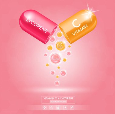 Turuncu C vitamini ve kırmızı likopene kapsülden dışarı süzülür. Yüz ya da vücut için doğal kozmetik losyonu. Güzellik derisi reklamı için kullanılır. Tıp kavramları. 3D Gerçekçi Vektör EPS10.