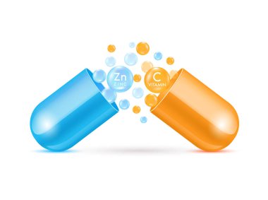 C vitamini ve Zn minerali kapsülden dışarı süzülür. Yüz ya da vücut için doğal kozmetik losyonu. Güzellik derisi reklamı için kullanılır. Tıp kavramları. 3D Gerçekçi Vektör EPS10.