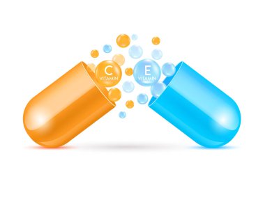 C vitamini ve E vitamini kapsülden dışarı süzülür. Yüz ya da vücut için doğal kozmetik losyonu. Güzellik derisi reklamı için kullanılır. Tıp kavramları. 3D Gerçekçi Vektör EPS10.