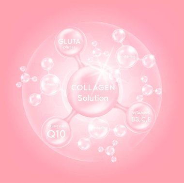 Pembe kolajen serumu düşüşü, glutathione ve kozmetik reklam geçmişi kullanmaya hazır vitaminler. Hyaluronik asit deri çözeltisi. 3B vektör illüstrasyonu.