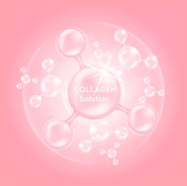 Pink collagen serum drop with cosmetic advertising background ready to use. Hyaluronic acid skin solutions. 3D vector illustration. clipart