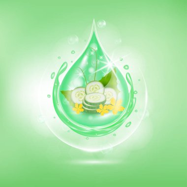 Serum salatalığı kolajen organik yaşlanmayı önleyen meyve asidi ürününü bırakın. Doğal ekolojik cilt bakımı kozmetiği. Gerçekçi 3B vektör EPS10 illüstrasyonu.