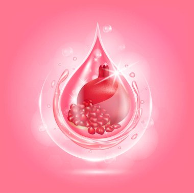 Serum nar kırmızısını bırak. Kollajen organik yaşlanma önleyici serum meyve asidi ürünü. Doğal ekolojik cilt bakımı kozmetiği. Gerçekçi 3B vektör EPS10 illüstrasyonu.