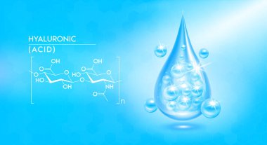 Hyaluronik asit mavi ve yapısal suya düşür. Kimyasal formüllü vitamin çözeltisi. Güzellik tedavisi, beslenme, cilt bakımı. Tıbbi ve bilimsel kavramlar. 3D Gerçekçi Vektör EPS10.