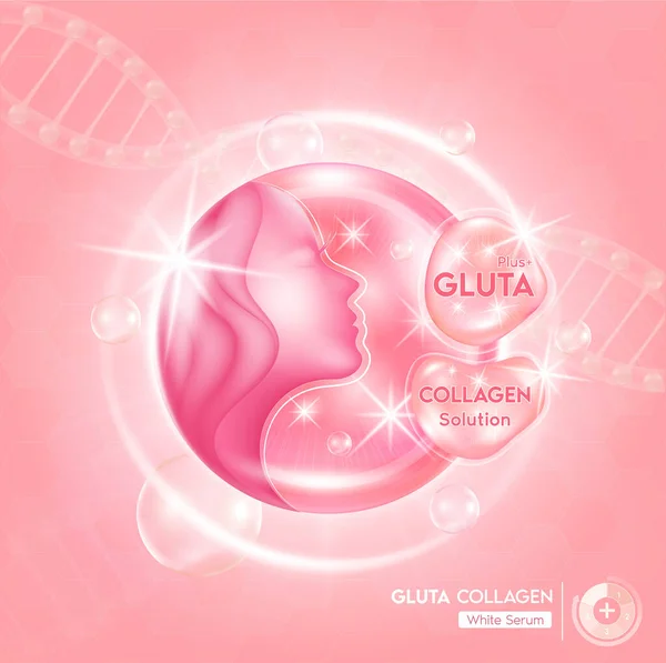 Pink Gluta Και Κολλαγόνο Διάλυμα Σταγόνα Ορού Και Καλλυντική Διαφήμιση — Διανυσματικό Αρχείο