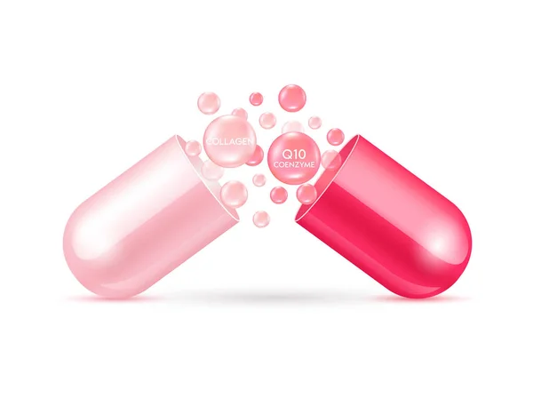 Red Coenzyme Q10 Pink Collagen Float Out Capsule Natural Cosmetics — Stock Vector