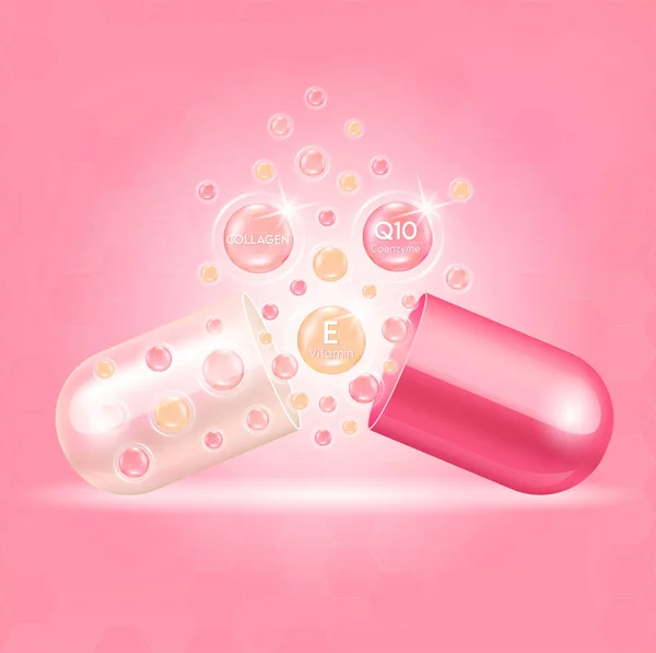 stock vector Vitamin E Coenzyme Q10 and pink collagen float out of the capsule. Natural cosmetics lotion for face or body. Used for beauty skin care ad. Medicine Concepts. 3D Realistic Vector EPS10.