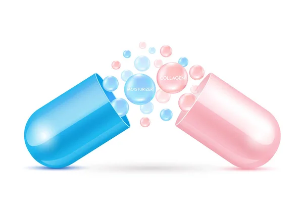 Γαλάζιο Ενυδατικό Και Ροζ Κολλαγόνο Επιπλέουν Έξω Από Την Κάψουλα — Διανυσματικό Αρχείο