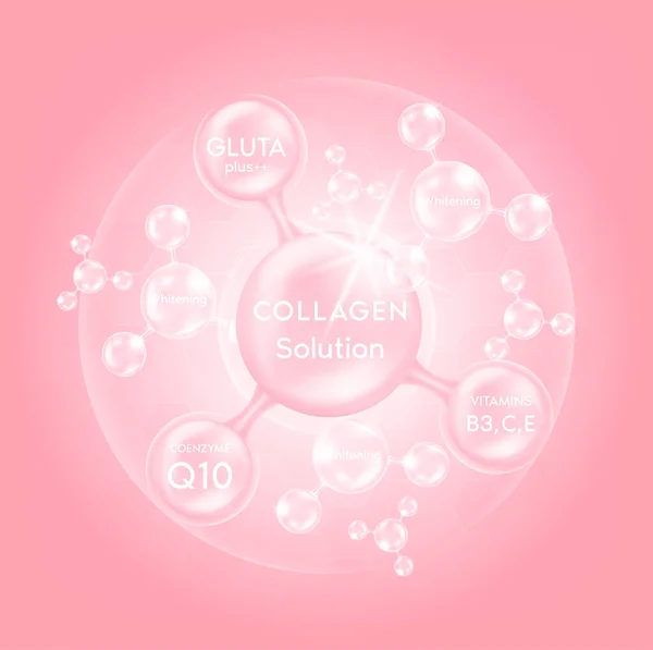 ピンクのコラーゲンの血清ドロップ グルタチオンと使用する準備ができて化粧品広告の背景とビタミン ヒアルロン酸皮膚溶液 3Dベクトル図 — ストックベクタ