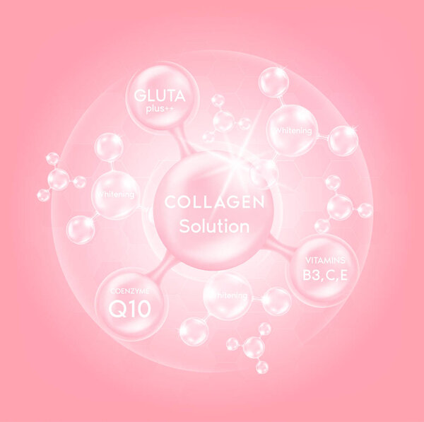 Pink collagen serum drop, Glutathione and vitamins with cosmetic advertising background ready to use. Hyaluronic acid skin solutions. 3D vector illustration.