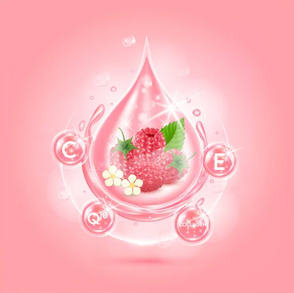 血清ラズベリーフルーツピンクをドロップします ビタミンC Q10およびコラーゲン有機アンチエイジング美容液酸製品 天然のエコスキンケア化粧品 現実的な3DベクトルEps10イラスト — ストックベクタ