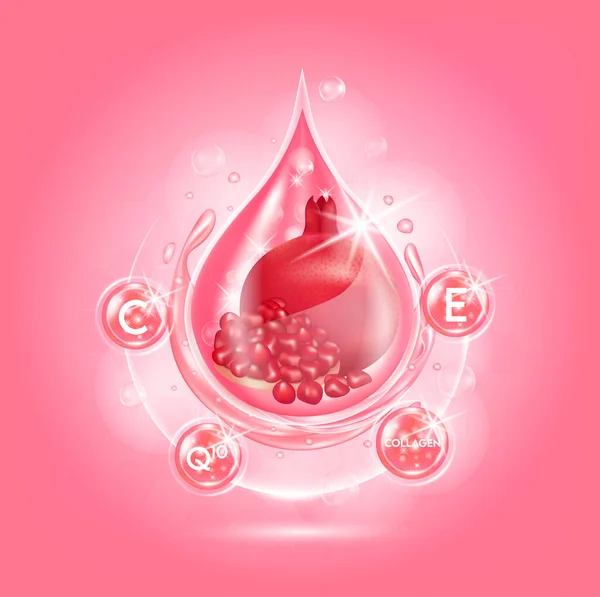 Drop Serum Pomegranate Fruit Red Vitamin Q10 Collagen Organic Aging — Stock Vector