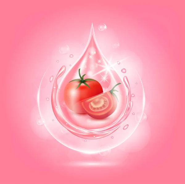 血清トマトピンクをドロップします コラーゲン有機アンチエイジング美容液フルーツ酸製品 天然のエコスキンケア化粧品 現実的な3DベクトルEps10イラスト — ストックベクタ