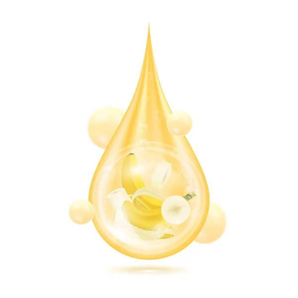 水滴中的香蕉黄色的闪光与氧气泡隔离在白色的背景 用于护肤化妆品的血清维生素胶原蛋白 现实的3D矢量Eps10 — 图库矢量图片