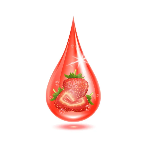 Fresa Dentro Gotas Agua Rojo Brillante Con Burbujas Oxígeno Aisladas — Vector de stock