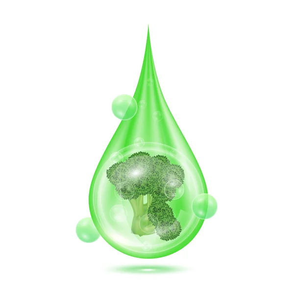 브로콜리를 떨어뜨리 비타민 콜라겐 스킨케어 물방울은 바탕에 분리되어 녹색이다 현실적 — 스톡 벡터