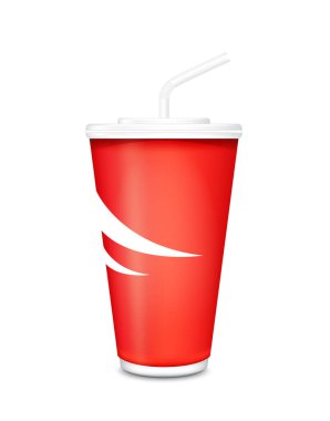 Beyaz arka planda izole edilmiş kırmızı ve beyaz çizgili bardak kartondaki kola ya da kağıt şeritli. Sinema atıştırmalığı ya da sinema yemeği. Gerçekçi 3D Vektör illüstrasyonu.