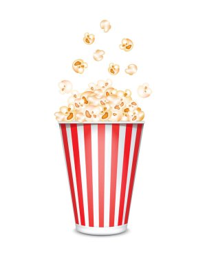 Kartondaki patlamış mısır ya da beyaz arka planda kırmızı ve beyaz çizgili kağıt kovalar. Sinema atıştırmalığı ya da sinema yemeği. Gerçekçi 3D Vektör illüstrasyonu.