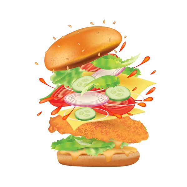 Burger Cheese Und Zutaten Auf Weißem Hintergrund Realistisch Mit Vektorillustration — Stockvektor