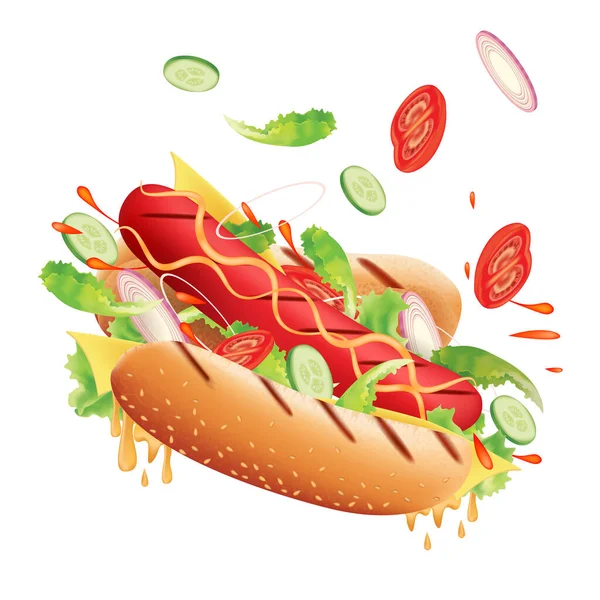 Hot Dog Cheese Lava Ingredients White Background Realistic Vector Illustration — Stock Vector