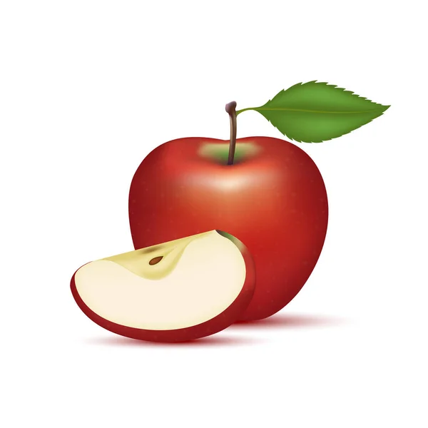 Apel Merah Dengan Irisan Apel Dan Daun Vitamin Buah Makanan - Stok Vektor