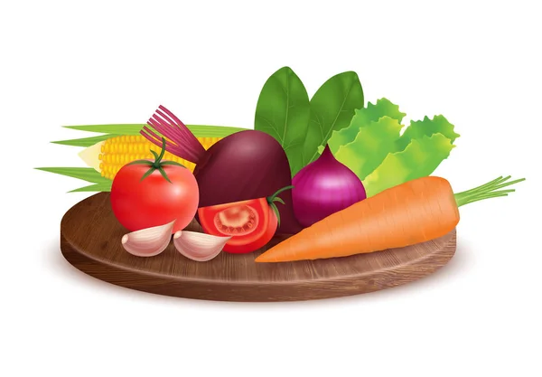 Świeże Warzywa Organiczne Drewnianym Talerzu Składniki Ziół Pomidor Pieprz Cebula — Wektor stockowy