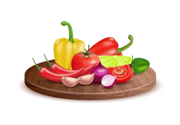 木の板の上に新鮮な有機野菜 ハーブトマト コショウ タマネギ ニンニク ライムの成分 食材を調理する健康的な栄養自然食品の概念 現実的な3Dベクトル図 — ストックベクタ