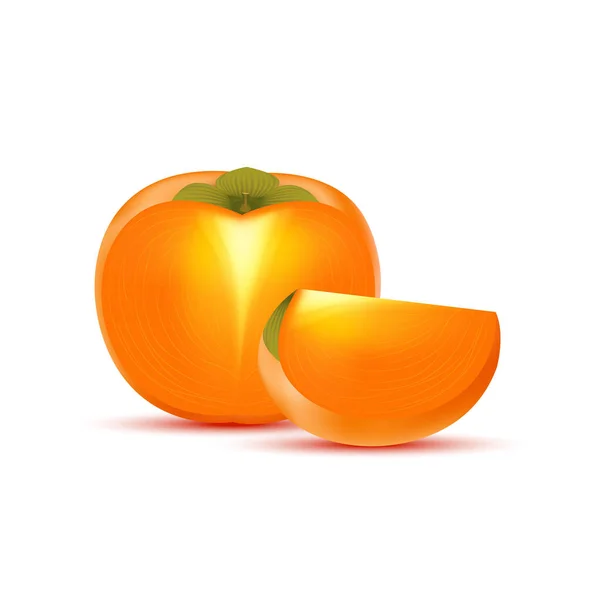 Persimmon Met Perzikschijfjes Bladeren Vitaminen Gezond Voedsel Fruit Een Witte — Stockvector