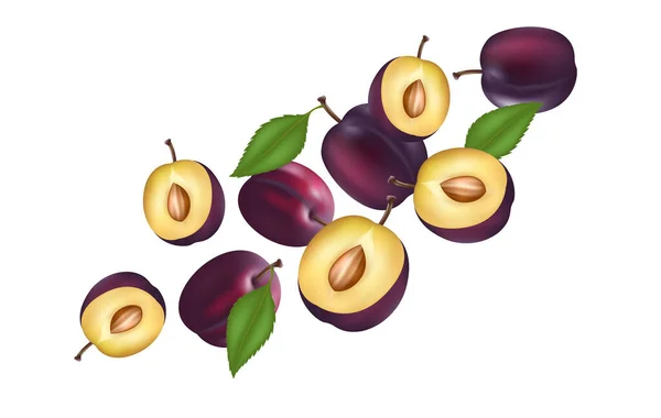 Prunes Śliwkami Plasterki Liście Latające Witaminy Zdrowe Owoce Białym Tle — Wektor stockowy