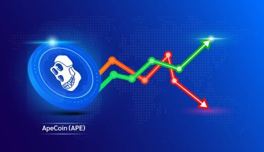 Apecoin madeni para mavisi. Borsa yatırım grafiği yeşil ve kırmızı olan kripto döviz sembolü. Mavi arkaplanda sikke simgesi. Ekonomik trendler iş konsepti. 3B Vektör illüstrasyonu.