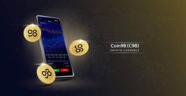 Coin98 ve Telefon. Dokunmatik ekranda akıllı telefondan şifreli para ticareti uygulaması. Veri analizi borsası. Eğilimler ve finansal stratejiler. Mobil bankacılık kriptosu. Vektör 3d. 