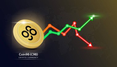 Madeni para 98 sarı. Borsa yatırım grafiği yeşil ve kırmızı olan kripto döviz sembolü. Koyu arkaplanda madeni para simgesi. Ekonomik trendler iş kavramı 3D Vektör illüstrasyonu.