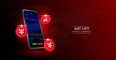 Just ve telefon. Dokunmatik ekranda akıllı telefondan şifreli para ticareti uygulaması. Veri analizi borsası. Eğilimler ve finansal stratejiler. Mobil bankacılık kriptosu. Vektör 3d.