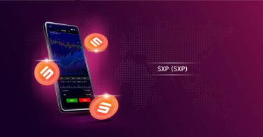 SXP ve telefon. Dokunmatik ekranda akıllı telefondan şifreli para ticareti uygulaması. Veri analizi borsası. Eğilimler ve finansal stratejiler. Mobil bankacılık kriptosu. Vektör 3d. 