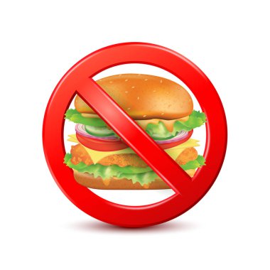 Kırmızı tabelanın içindeki hamburgerler beyaz arka planda izole edilmiş. Fast food tehlike etiketi. Fast food işareti yok. Sağlıksız yeme konsepti. 3B vektör çizimi.