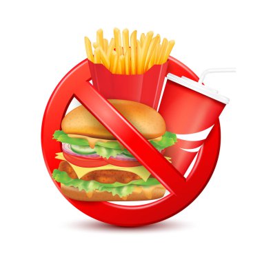 Kırmızı tabelanın içindeki fast food beyaz arka planda izole edilmiş. Fast food tehlike etiketi. Hamburger kola ve patates kızartması yok. Sağlıksız yeme konsepti. 3B vektör çizimi.
