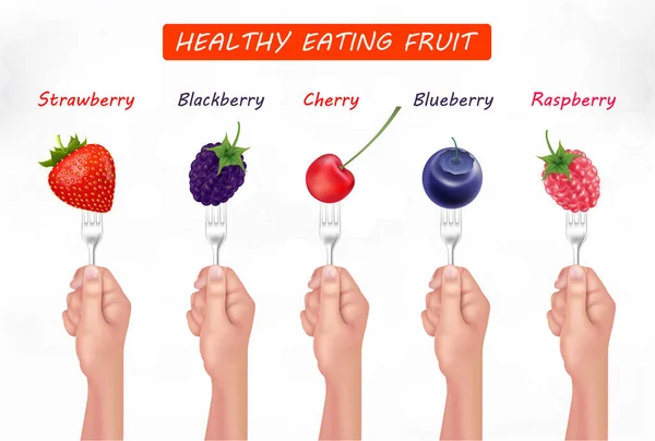 Fresh Juicy Sliced Raw Fruits Forks Hand Vegetarian Vegan Healthy — Stock Vector