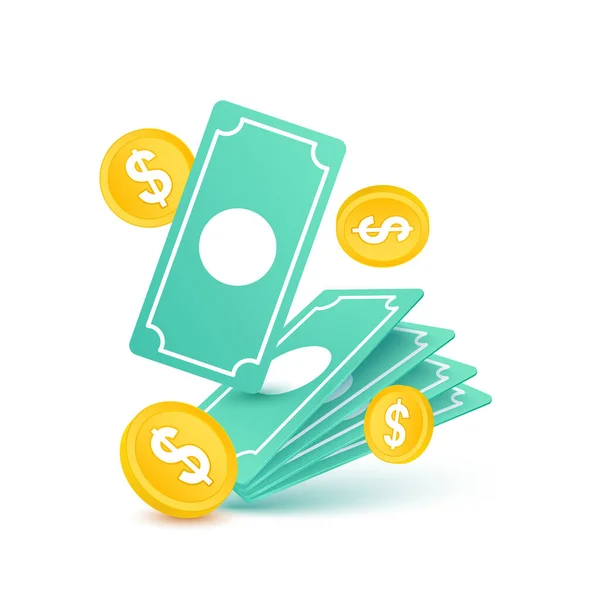 银元金币和钞票绿色孤立在白色背景 金融业务概念 Icon 3D矢量Eps10示例 — 图库矢量图片