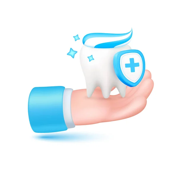 Zub Zubní Pastou Vrchu Lékařským Štítem Ruce Doktore Čistota Zubů — Stockový vektor