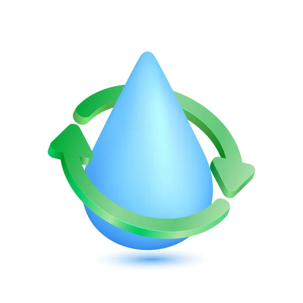 Dvě Šipky Zelené Krouží Kolem Kapky Vody Modré Izolované Bílém — Stockový vektor